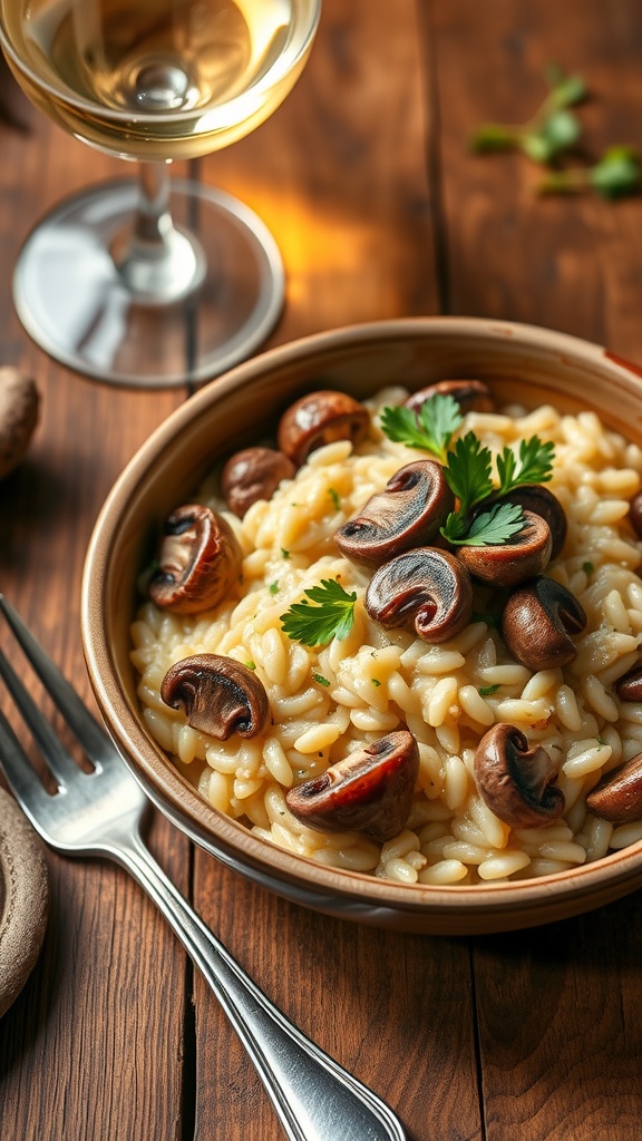 A bowl of creamy duck and wild mushroom risotto garnished with parsley, next to a glass of white wine on a rustic wooden table.